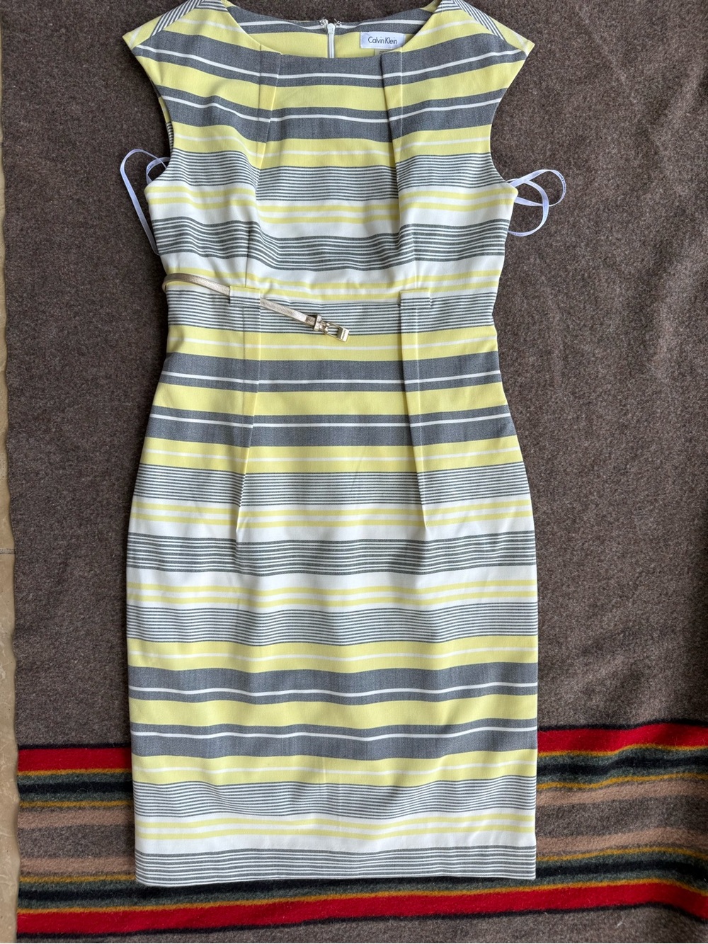 Calvin Klein Yellow and Gray Striped Midi Sheath Dress